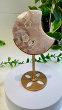 Load image into Gallery viewer, Pink Amethyst Flower Agate Moon on Custom Stand