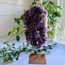 Load image into Gallery viewer, Stunning Amethyst Cluster on Pink Amethyst Matrix from Brazil with Custom Gold Stand