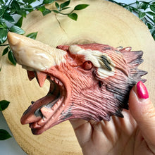 Load image into Gallery viewer, Hand Carved Mookaite Jasper Wolf Head with Custom Stand
