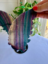 Load image into Gallery viewer, Rainbow Fluorite Butterfly Wings on Black Stand