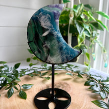 Load image into Gallery viewer, Feather Fluorite Moon on Custom Stand