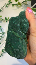 Load image into Gallery viewer, Natural Malachite with Part Polished Front on Custom Black Stand