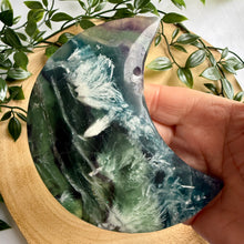 Load image into Gallery viewer, Feather Fluorite Moon on Custom Stand