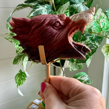 Load image into Gallery viewer, Hand Carved Mookaite Jasper Wolf Head with Custom Stand