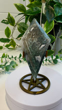 Load image into Gallery viewer, Moss Agate Double Diamond on Stand