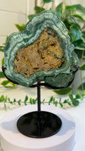 Load image into Gallery viewer, Natural Malachite with Part Polished Front on Custom Black Stand