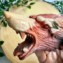 Load image into Gallery viewer, Hand Carved Mookaite Jasper Wolf Head with Custom Stand