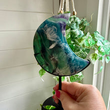Load image into Gallery viewer, Feather Fluorite Moon on Custom Stand