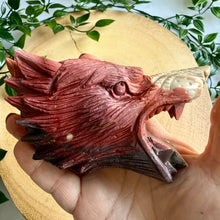 Load image into Gallery viewer, Hand Carved Mookaite Jasper Wolf Head with Custom Stand