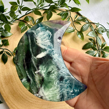 Load image into Gallery viewer, Feather Fluorite Moon on Custom Stand