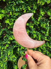 Load image into Gallery viewer, Rose Quartz Moon on Custom Gold Stand