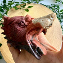 Load image into Gallery viewer, Hand Carved Mookaite Jasper Wolf Head with Custom Stand