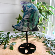 Load image into Gallery viewer, Feather Fluorite Moon on Custom Stand