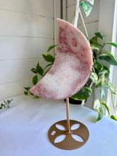 Load image into Gallery viewer, Pink Amethyst with Quartz Moon on Gold Custom Stand|Home Decor|Crystal Collection Piece