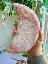 Load image into Gallery viewer, Pink Amethyst with Quartz Moon on Gold Custom Stand|Home Decor|Crystal Collection Piece