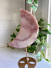 Load image into Gallery viewer, Pink Amethyst with Quartz Moon on Gold Custom Stand|Home Decor|Crystal Collection Piece