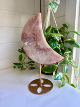 Load image into Gallery viewer, Pink Amethyst with Quartz Moon on Gold Custom Stand|Home Decor|Crystal Collection Piece