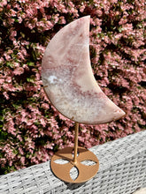Load image into Gallery viewer, Pink Amethyst with Quartz Moon on Gold Custom Stand|Home Decor|Crystal Collection Piece