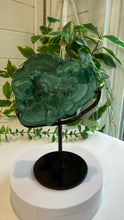 Load image into Gallery viewer, Natural Malachite with Part Polished Front on Custom Black Stand
