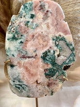 Load image into Gallery viewer, Pink Amethyst Slab with Green Jasper on Stand|Crystals from Brazil|Consciously Sourced|Crystal Decor|Natural Pink Amethyst
