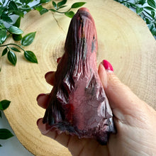 Load image into Gallery viewer, Hand Carved Mookaite Jasper Wolf Head with Custom Stand
