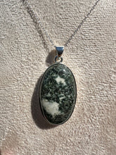 Load image into Gallery viewer, Preseli Bluestone Oval Necklace set in 925 Silver on 18 inch Trace Chain
