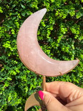 Load image into Gallery viewer, Rose Quartz Moon on Custom Gold Stand
