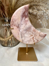 Load image into Gallery viewer, Pink Amethyst Moon on Custom Stand|Pink Amethyst from Brazil|Consciously Sourced|Moon Carving|Crystal Carving|Crystal Decor
