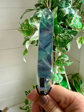 Load image into Gallery viewer, Rainbow Fluorite Moon on Custom Black Stand
