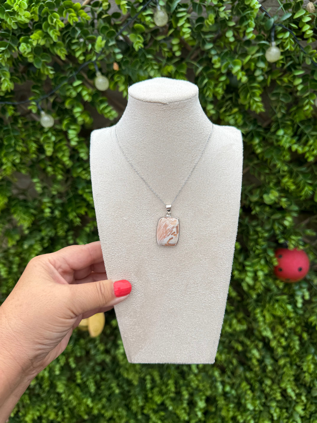 Peach Scolecite Oblong Necklace set in 925 Silver on 18 inch Trace Chain