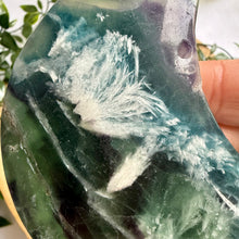Load image into Gallery viewer, Feather Fluorite Moon on Custom Stand
