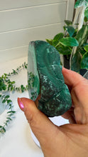 Load image into Gallery viewer, Natural Malachite with Part Polished Front on Custom Black Stand

