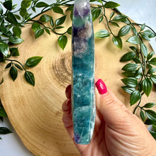 Load image into Gallery viewer, Feather Fluorite Moon on Custom Stand
