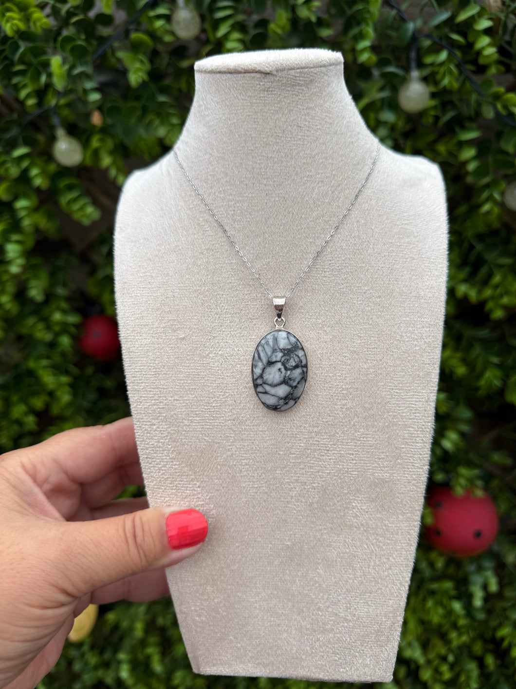 Pinolith Oval Necklace set in 925 Silver on 18 inch Trace Chain