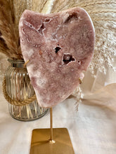 Load image into Gallery viewer, Pink Amethyst Slab on Stand|Crystals from Brazil|Consciously Sourced|Crystal Decor|Natural Pink Amethyst|Green Jasper
