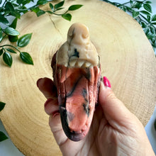Load image into Gallery viewer, Hand Carved Mookaite Jasper Wolf Head with Custom Stand
