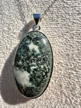 Load image into Gallery viewer, Preseli Bluestone Oval Necklace set in 925 Silver on 18 inch Trace Chain
