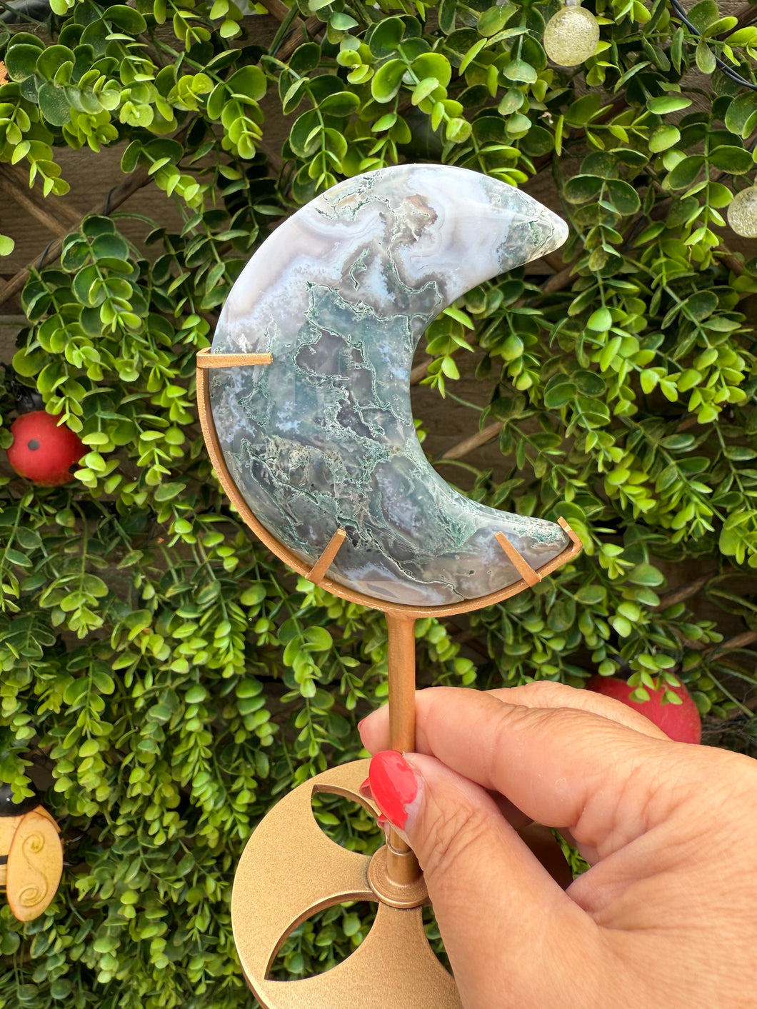 Moss Agate Moon on Stand
