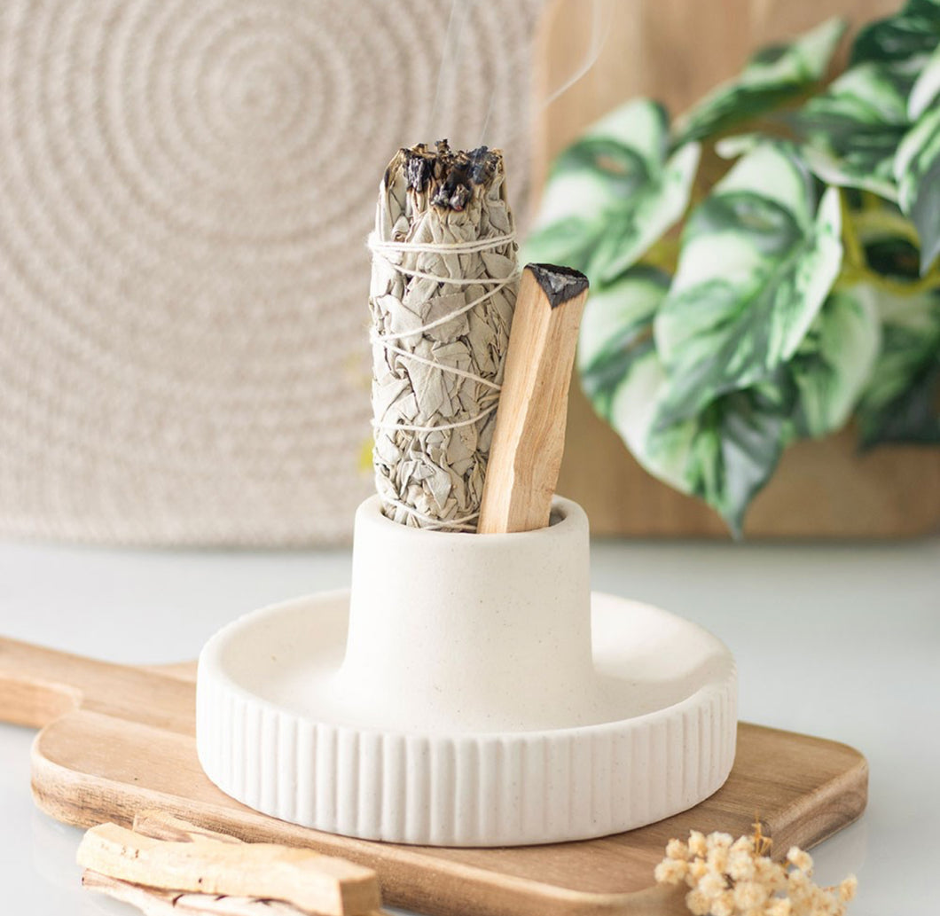 Cream Ribbed Ceramic Smudge Bowl