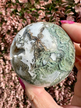 Load image into Gallery viewer, Moss Agate Sphere with stand|Natural Moss Agate|Crystal Sphere|Home Decor|Consciously Sourced
