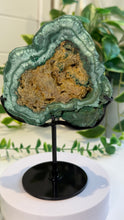 Load image into Gallery viewer, Natural Malachite with Part Polished Front on Custom Black Stand
