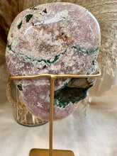 Load image into Gallery viewer, Pink Amethyst Slab on Stand|Crystals from Brazil|Consciously Sourced|Crystal Decor|Natural Pink Amethyst|Green Jasper
