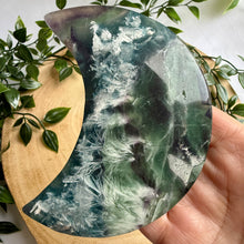 Load image into Gallery viewer, Feather Fluorite Moon on Custom Stand
