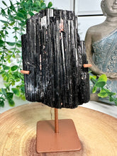 Load image into Gallery viewer, Black Tourmaline on Gold Stand from Brazil
