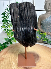 Load image into Gallery viewer, Black Tourmaline on Gold Stand from Brazil
