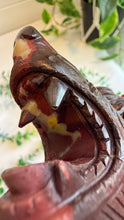 Load image into Gallery viewer, Mookaite Jasper Wolf Head with custom stand|Hand Carved
