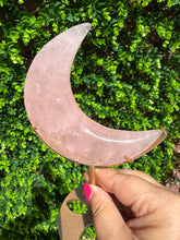 Load image into Gallery viewer, Rose Quartz Moon on Custom Gold Stand
