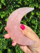 Load image into Gallery viewer, Rose Quartz Moon on Custom Gold Stand
