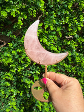 Load image into Gallery viewer, Rose Quartz Moon on Custom Gold Stand
