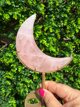 Load image into Gallery viewer, Rose Quartz Moon on Custom Gold Stand
